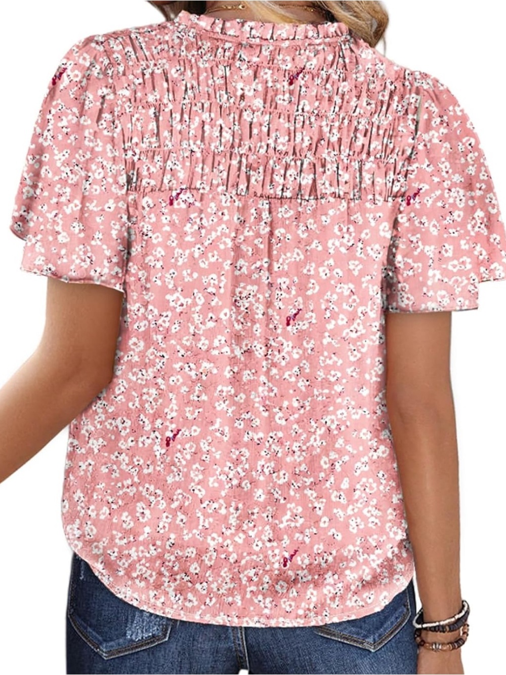 Floral Top Blouse Pink Smocking Flutter Sleeves Lined 2XL Plus Size - Picture 2 of 11